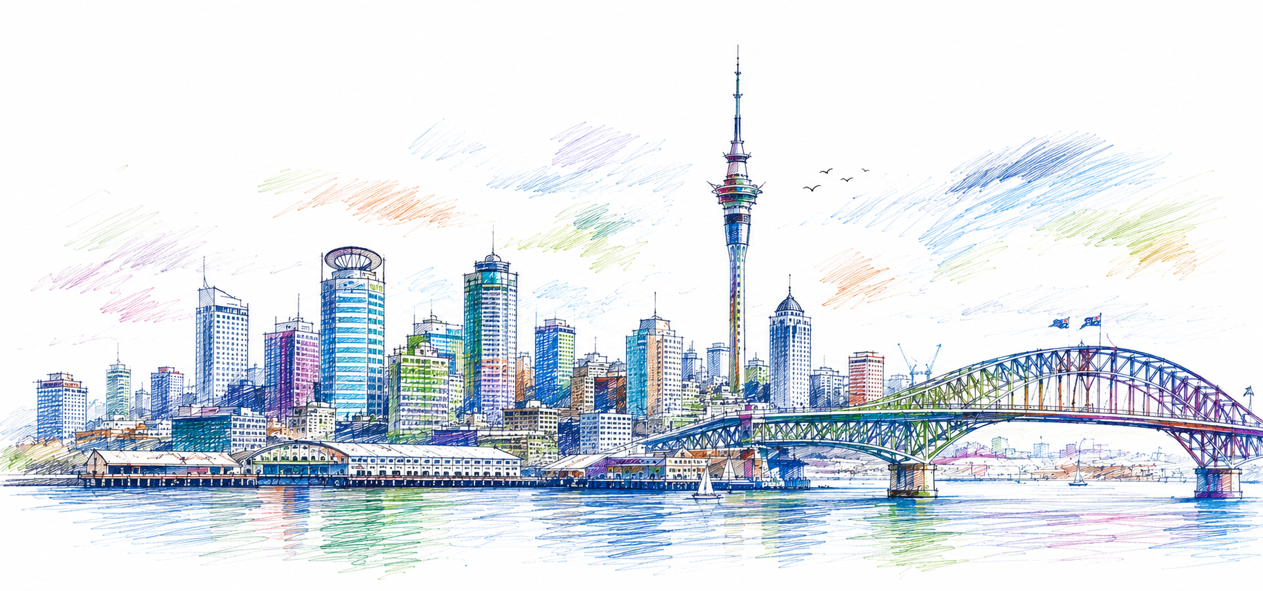 Illustration of the Auckland city skyline, Sky Tower and Harbour Bridge
